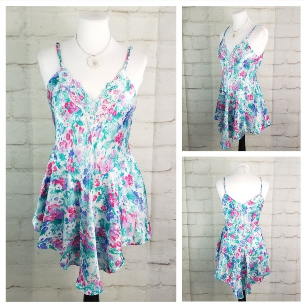 Vtg Cinema Etoile S White Blue Pink Floral Satin Chemise Skater Short Nightie